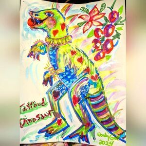 Wendy Gell art watercolor tattoo dinosaur. Grapes and flower.